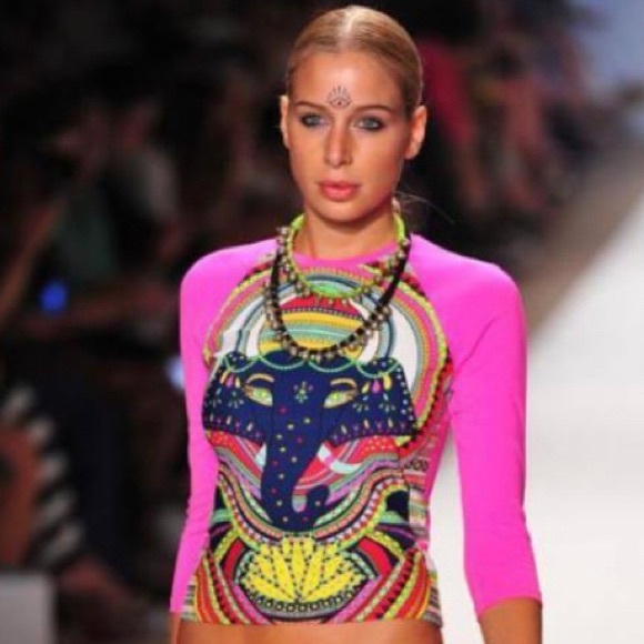 Mara Hoffman rash guard with pink ganesh against a pool blue background - Picture 4 of 14